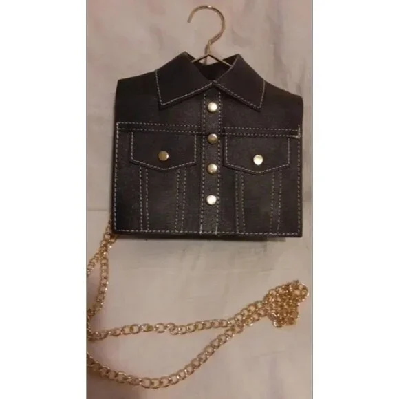 Fun Black Button Down Jacket Shirt on Hanger Crossbody Wristlet Handbag - Picture 4 of 5